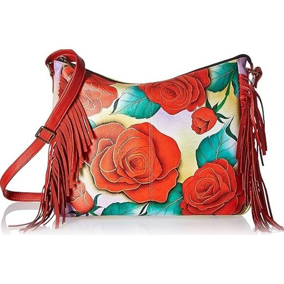 Anuschka Floral Rose Hand Painted Leather Handbag Fringe Trim + Coin Purse - Picture 1 of 11